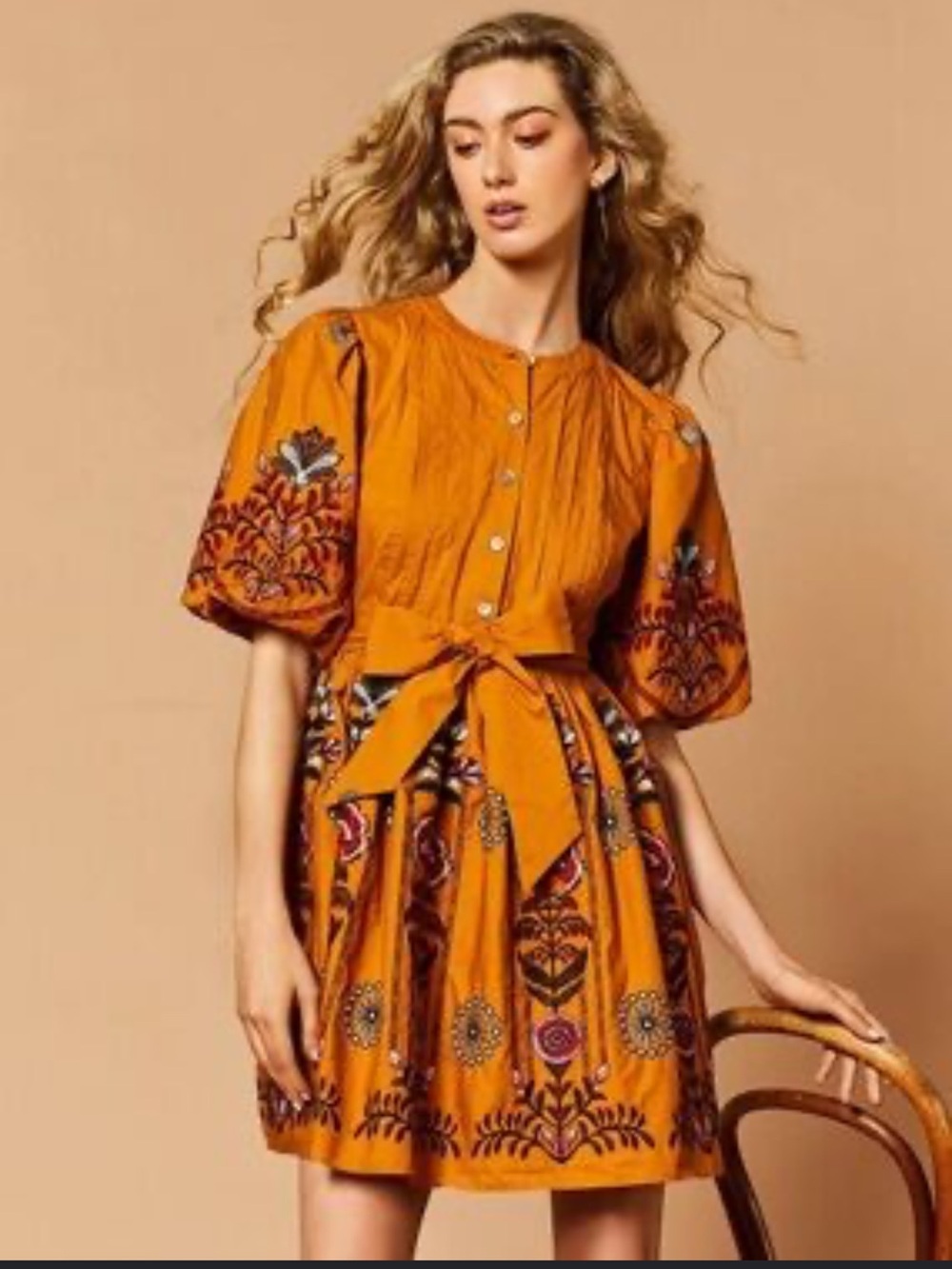 Anthropologie Embroidered Puff-Sleeve Mini Dress in Mustard Orange